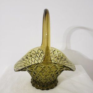 Green Viking Diamond Cut Glass Basket Handle Scalloped Base